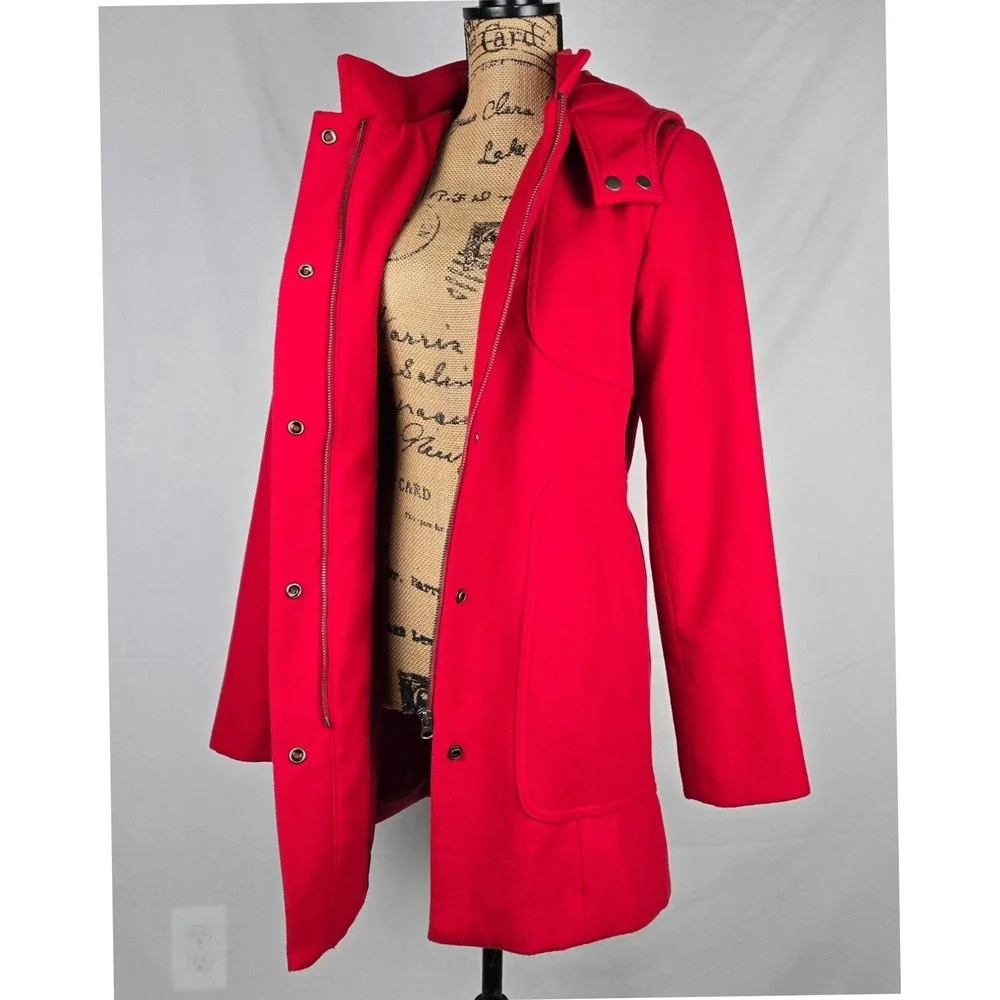 Merona Womens Red Hooded Pea Coat Jacket Zip Snap‎ Front Medium